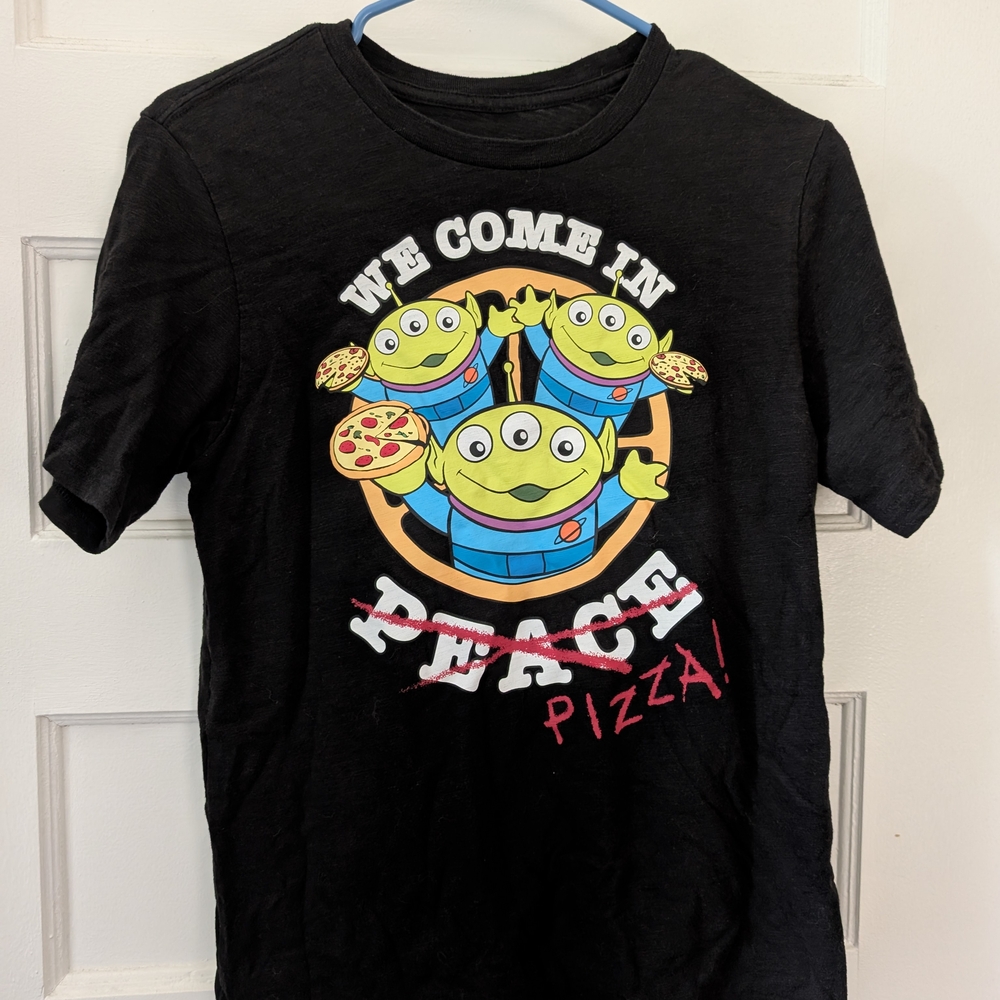 Disney Black Tee with Alien Pizza Graphic